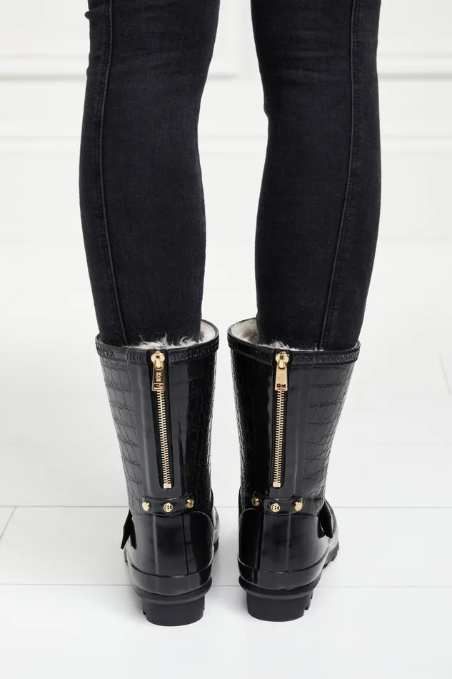 Holland Cooper Wellington Boots Women Sherpa Lined Chelsea Wellington Black Croc