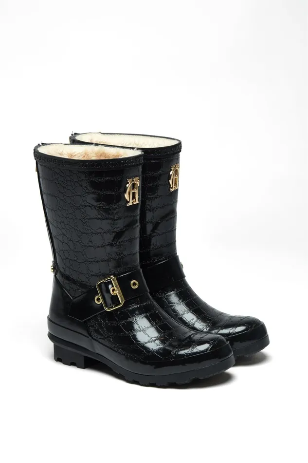 Holland Cooper Wellington Boots Women Sherpa Lined Chelsea Wellington Black Croc