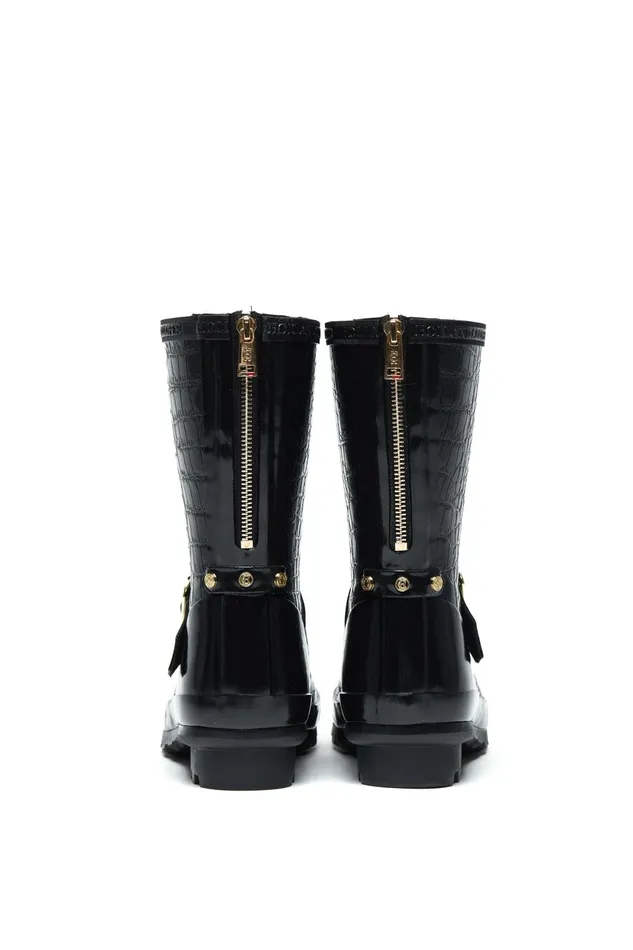 Holland Cooper Wellington Boots Women Sherpa Lined Chelsea Wellington Black Croc