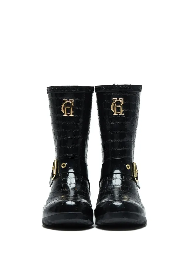 Holland Cooper Wellington Boots Women Sherpa Lined Chelsea Wellington Black Croc