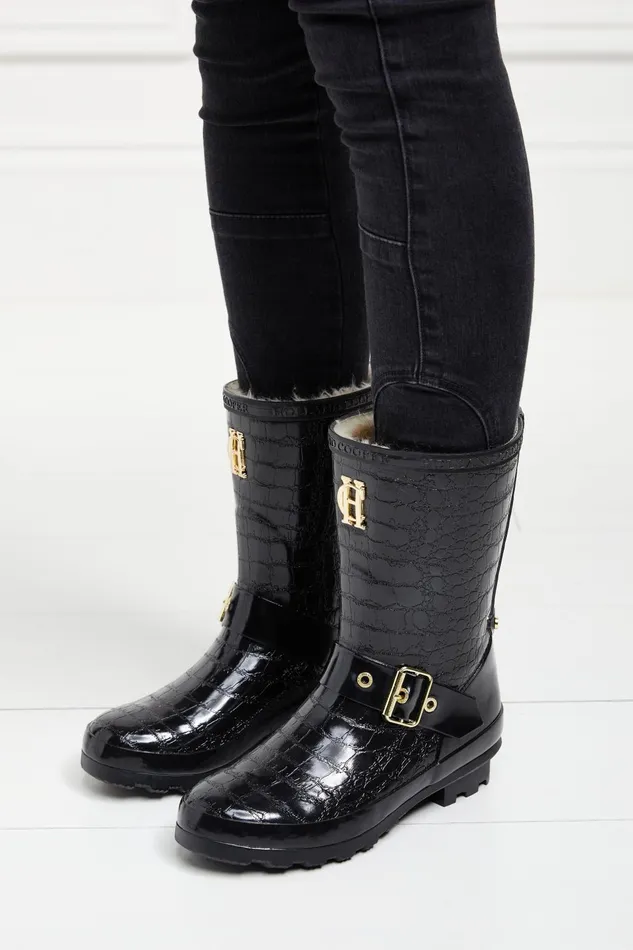 Holland Cooper Wellington Boots Women Sherpa Lined Chelsea Wellington Black Croc
