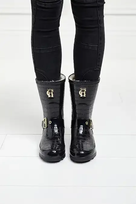 Holland Cooper Wellington Boots Women Sherpa Lined Chelsea Wellington Black Croc
