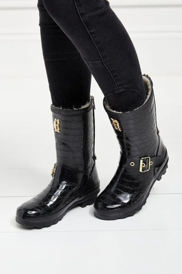 Holland Cooper Wellington Boots Women Sherpa Lined Chelsea Wellington Black Croc
