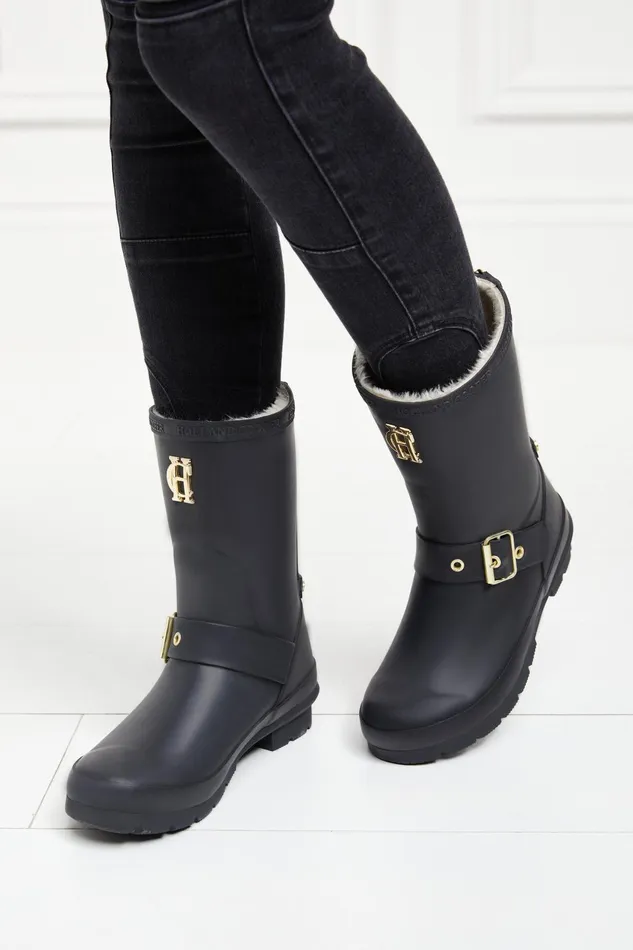Holland Cooper Wellington Boots Women Sherpa Lined Chelsea Wellington Matte Black