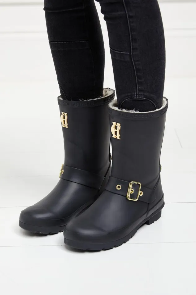 Holland Cooper Wellington Boots Women Sherpa Lined Chelsea Wellington Matte Black