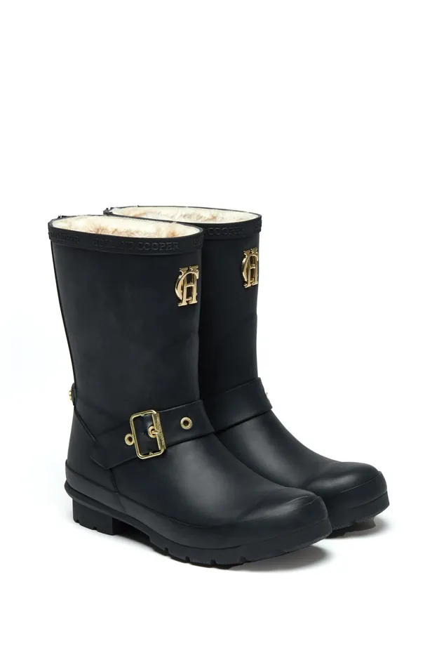 Holland Cooper Wellington Boots Women Sherpa Lined Chelsea Wellington Matte Black