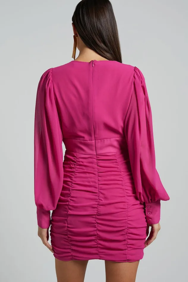 Hollis Mini Dress 8211 Ruched Long Sleeve Plunge Neck Dress In Hot Pink Women Showpo Dresses