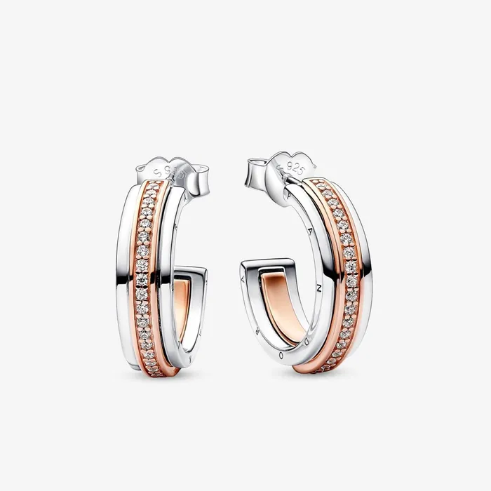 Hoop Earrings Women Pandora Online Signature Two Tone Logo and Pav Hoop Earrings