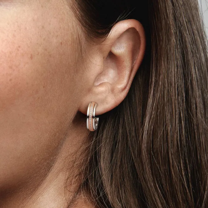 Hoop Earrings Women Pandora Online Signature Two Tone Logo and Pav Hoop Earrings