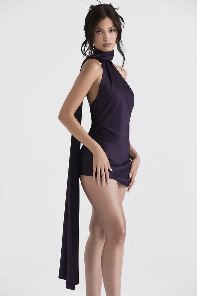 House Of CB AidaNight Shade Asymmetric Wrap Neck Dress 8211 SALE Night Women Mini Dresses