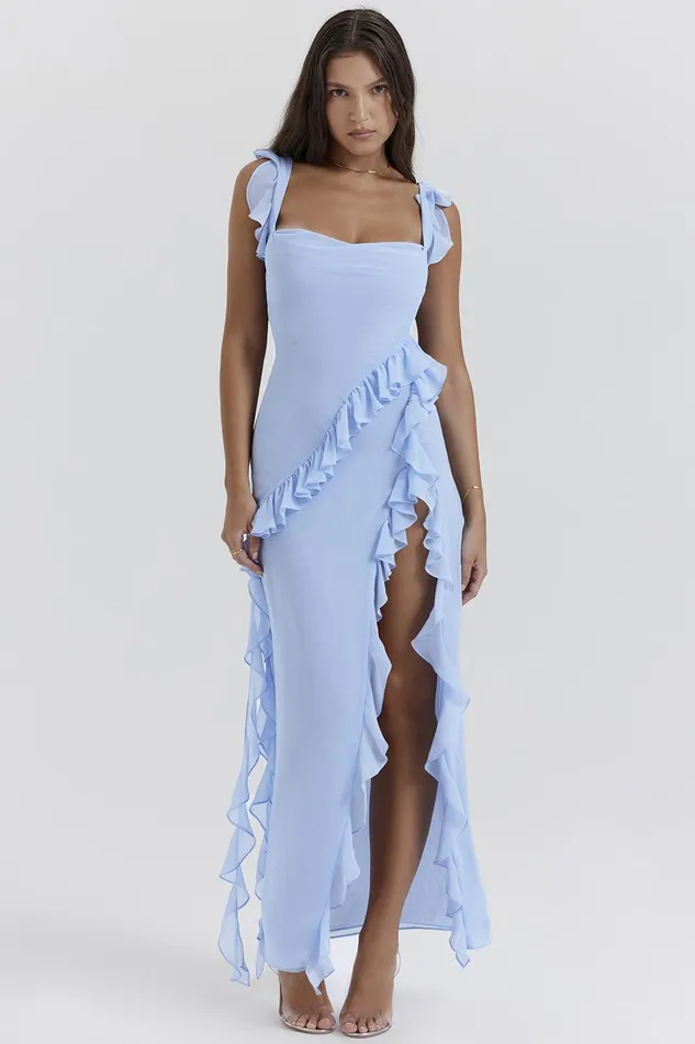 House Of CB ArielaSoft Blue Ruffle Maxi Dress Soft Women Maxi Dresses
