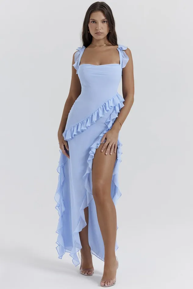 House Of CB ArielaSoft Blue Ruffle Maxi Dress Soft Women Maxi Dresses