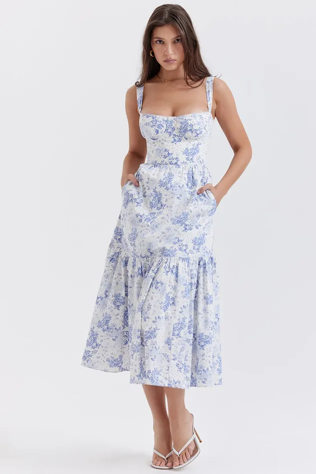 House Of CB EliaBlue Print Midi Sundress Blue Women Corset Dresses