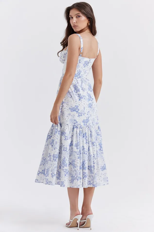 House Of CB EliaBlue Print Midi Sundress Blue Women Corset Dresses