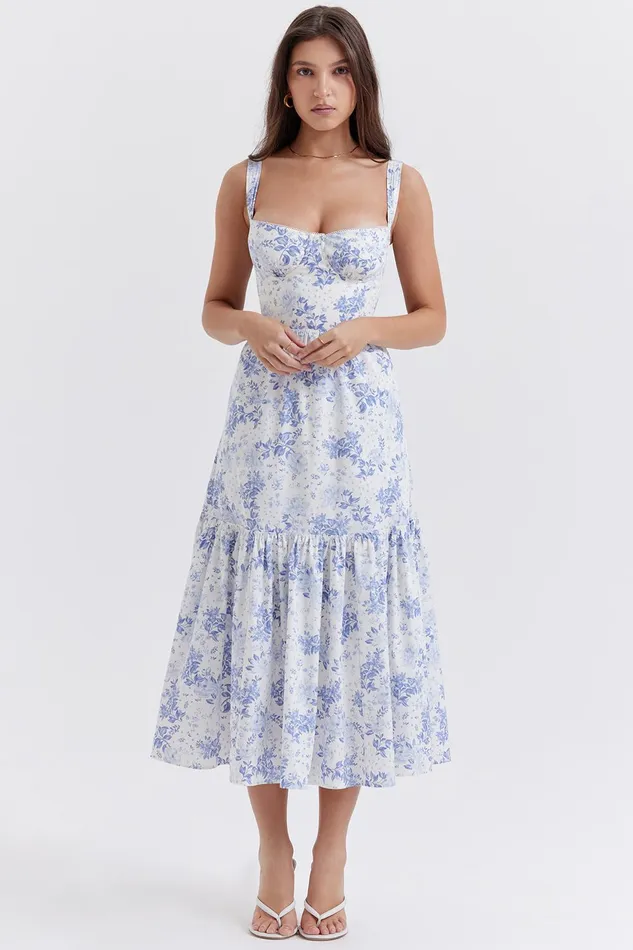 House Of CB EliaBlue Print Midi Sundress Blue Women Corset Dresses