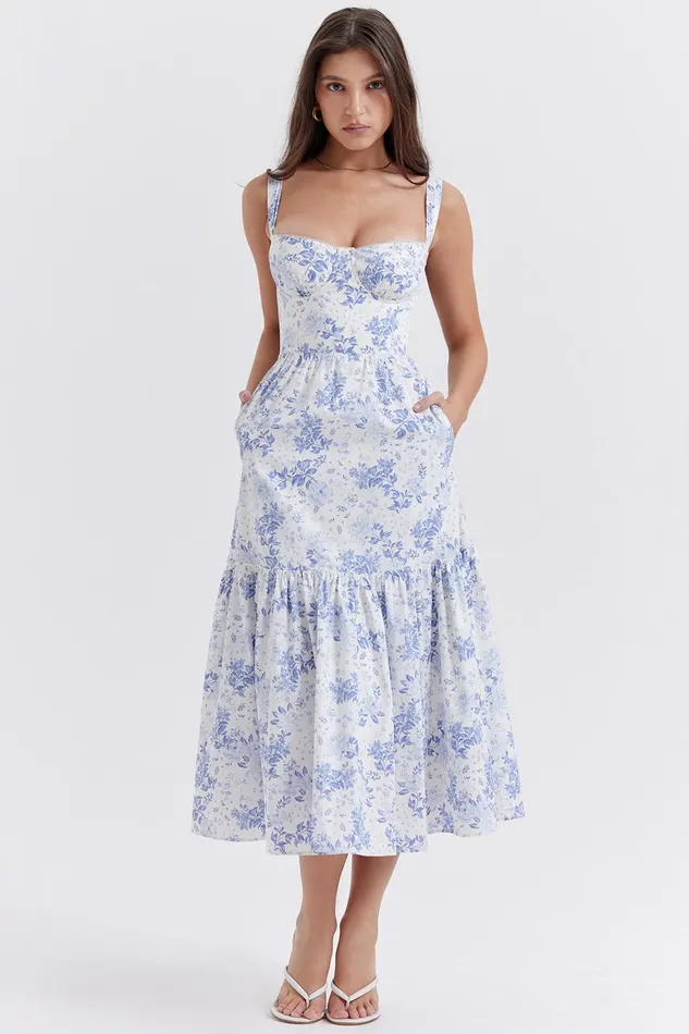 House Of CB EliaBlue Print Midi Sundress Blue Women Corset Dresses