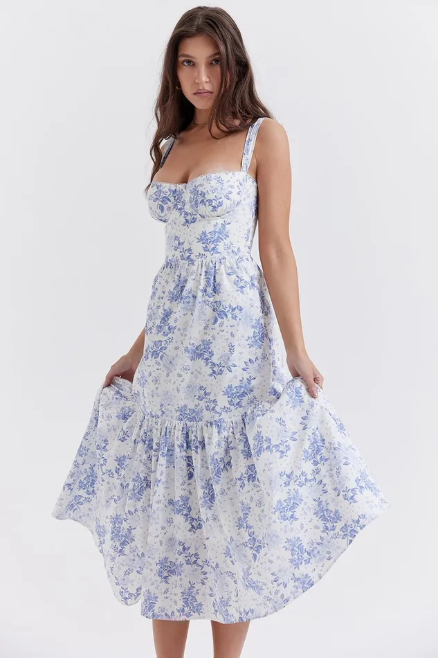 House Of CB EliaBlue Print Midi Sundress Blue Women Corset Dresses