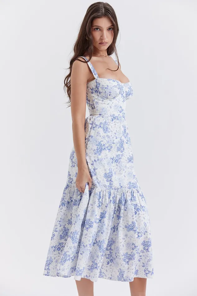 House Of CB EliaBlue Print Midi Sundress Blue Women Corset Dresses