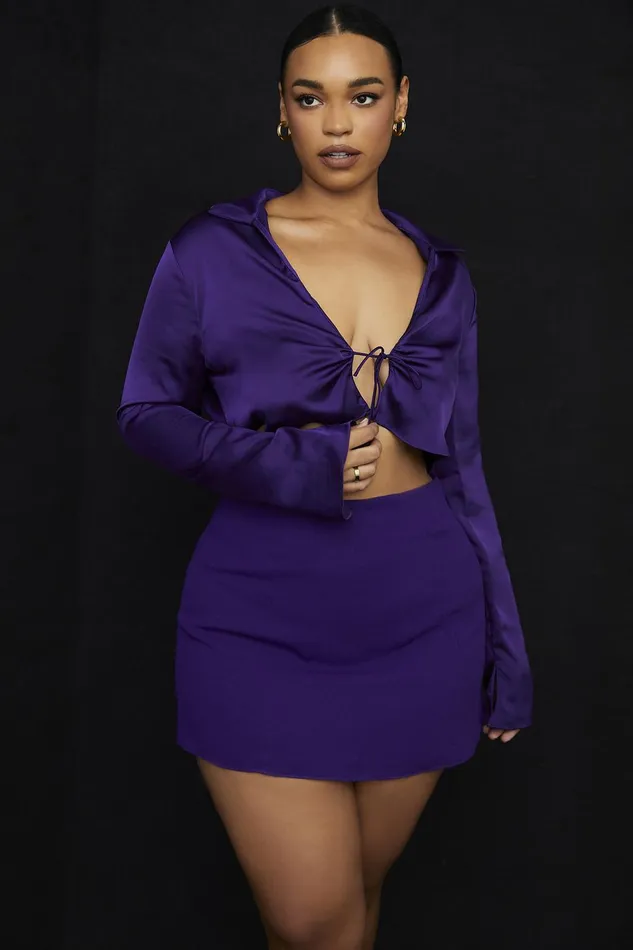 House Of CB LavenderGrape Satin Cropped Tie Front Top 8211 SALE Grape Women Tops