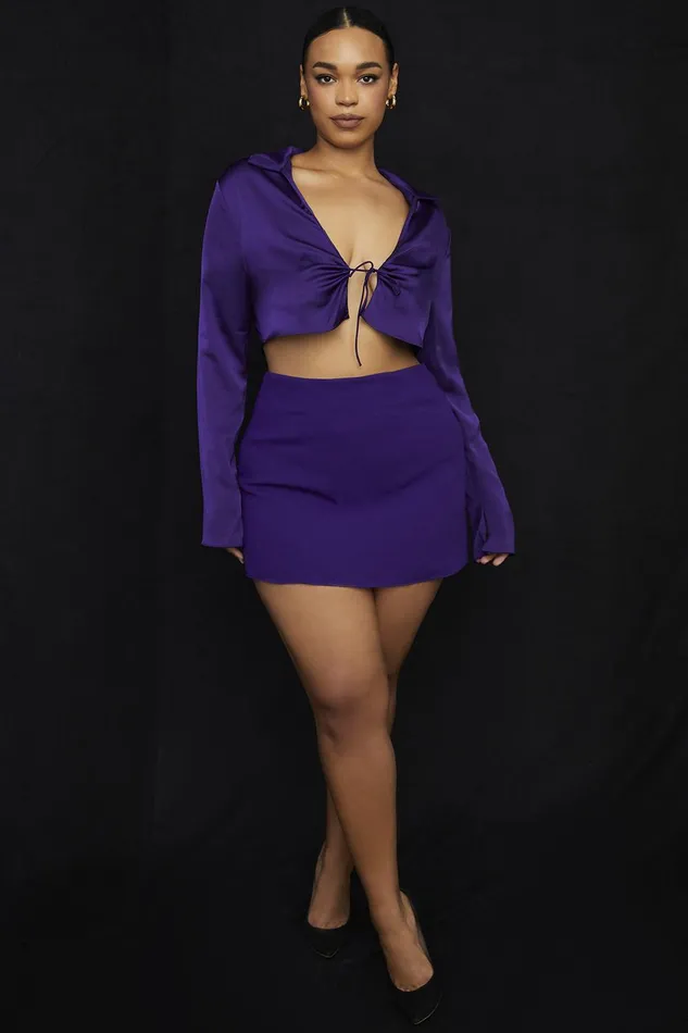 House Of CB LavenderGrape Satin Cropped Tie Front Top 8211 SALE Grape Women Tops