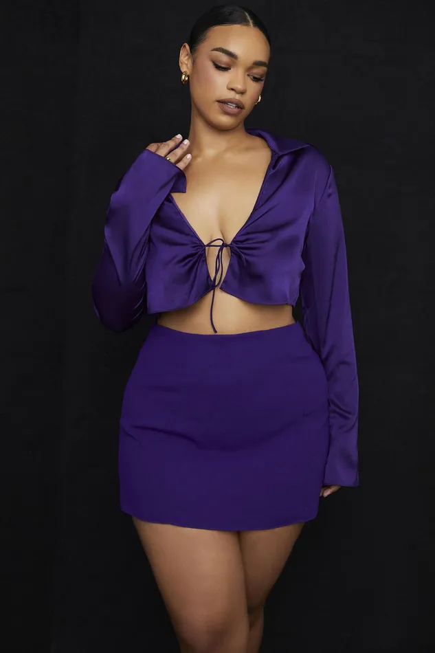 House Of CB LavenderGrape Satin Cropped Tie Front Top 8211 SALE Grape Women Tops
