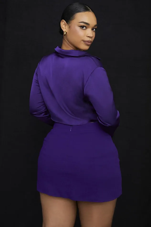 House Of CB LavenderGrape Satin Cropped Tie Front Top 8211 SALE Grape Women Tops