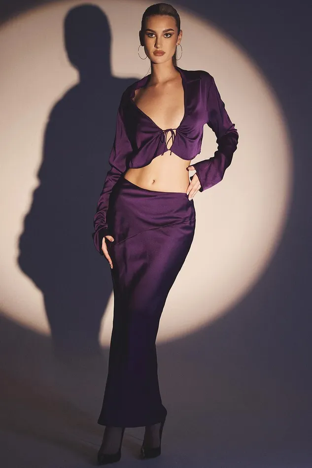 House Of CB LavenderGrape Satin Cropped Tie Front Top 8211 SALE Grape Women Tops