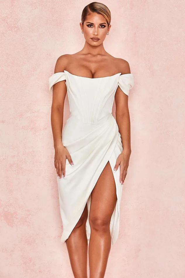 House Of CB LorettaIvory Satin Off Shoulder Dress Ivory Women Strapless Dresses