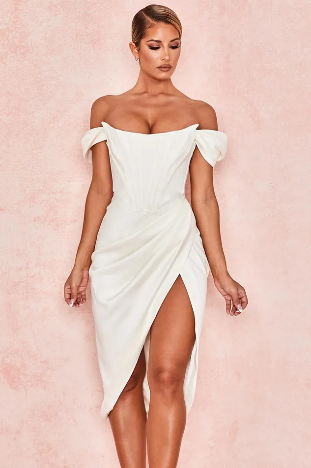 House Of CB LorettaIvory Satin Off Shoulder Dress Ivory Women Strapless Dresses