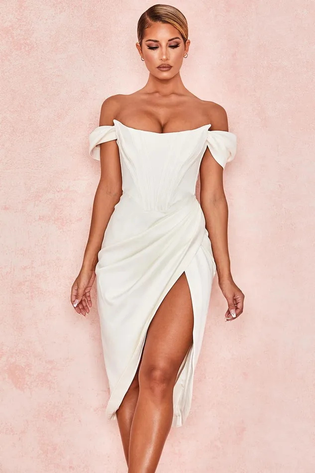 House Of CB LorettaIvory Satin Off Shoulder Dress Ivory Women Strapless Dresses