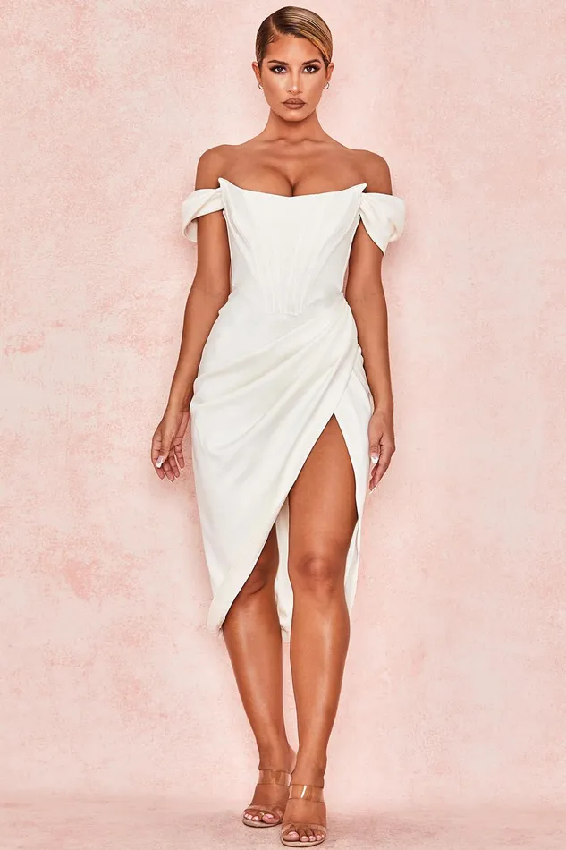 House Of CB LorettaIvory Satin Off Shoulder Dress Ivory Women Strapless Dresses