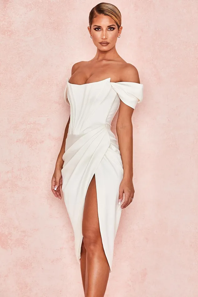 House Of CB LorettaIvory Satin Off Shoulder Dress Ivory Women Strapless Dresses