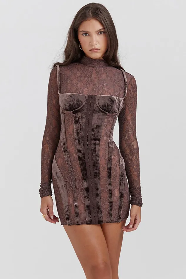 House Of CB MaricaBrown Velvet and Lace Corset Dress Brown Women Corset Dresses