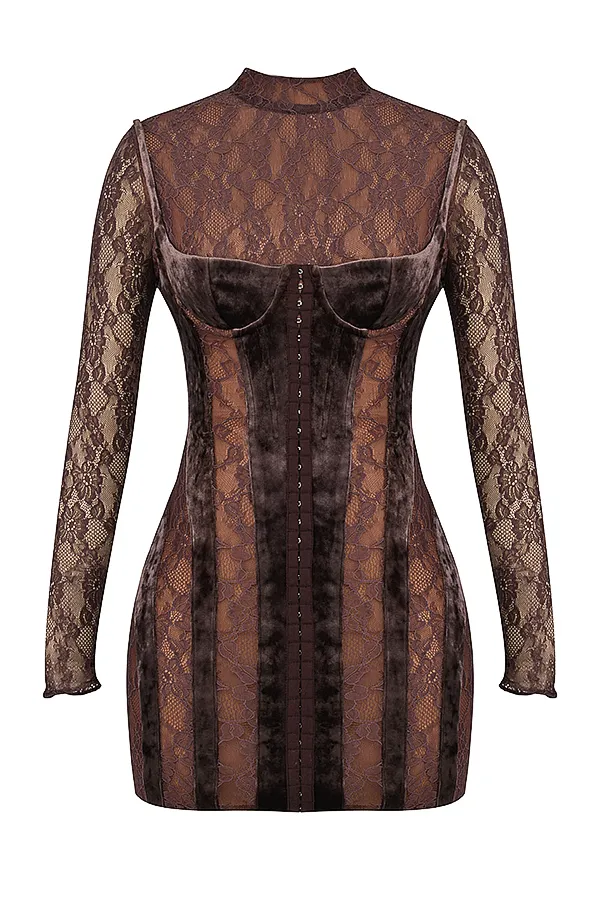 House Of CB MaricaBrown Velvet and Lace Corset Dress Brown Women Corset Dresses