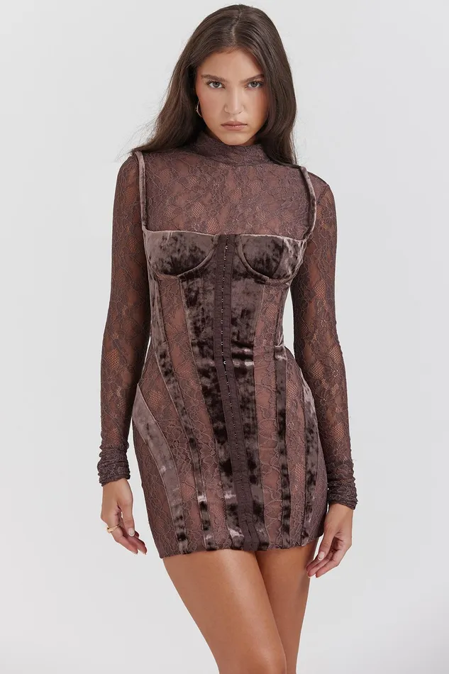 House Of CB MaricaBrown Velvet and Lace Corset Dress Brown Women Corset Dresses