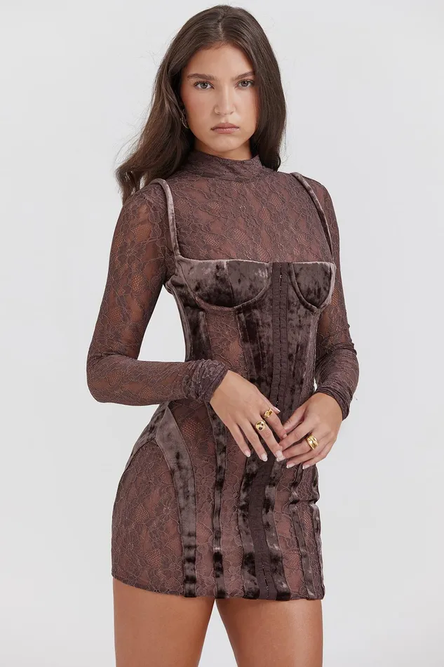 House Of CB MaricaBrown Velvet and Lace Corset Dress Brown Women Corset Dresses