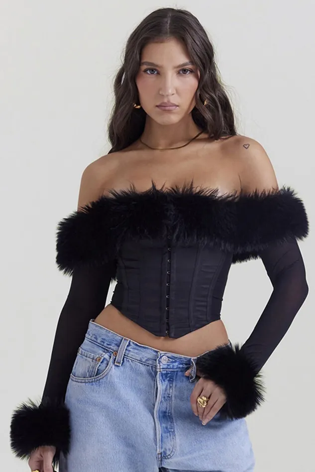 House Of CB MerleBlack Faux Fur Trim Corset Black Women Tops