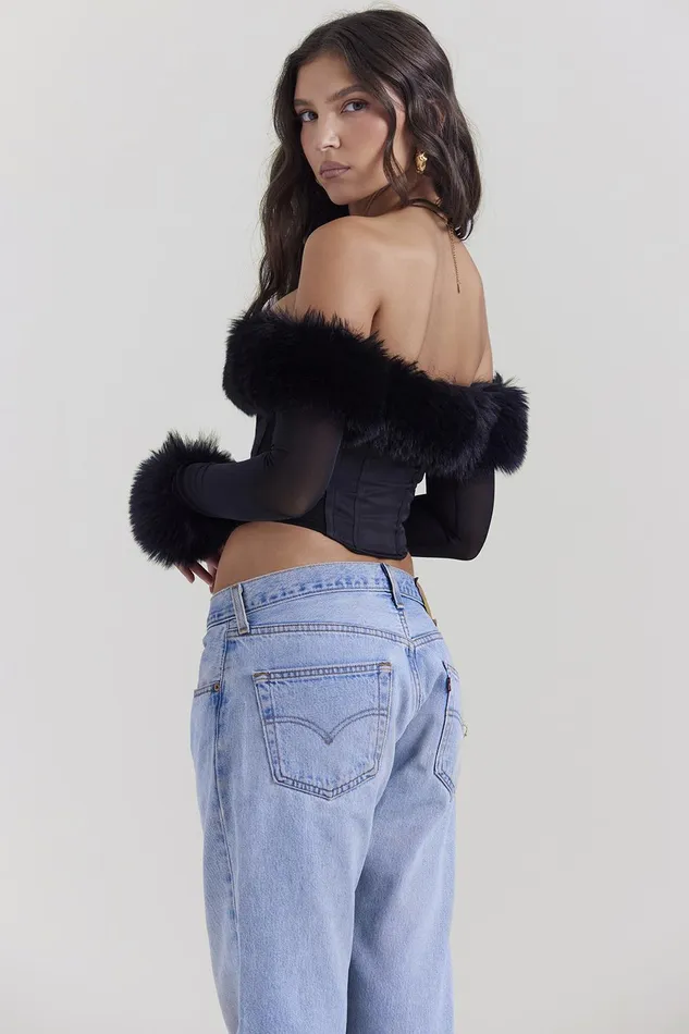 House Of CB MerleBlack Faux Fur Trim Corset Black Women Tops