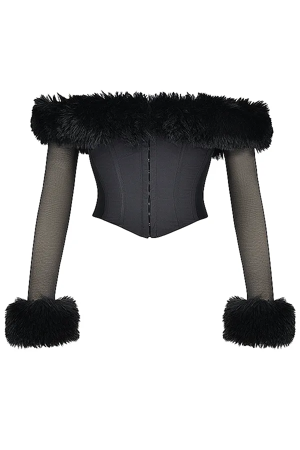 House Of CB MerleBlack Faux Fur Trim Corset Black Women Tops