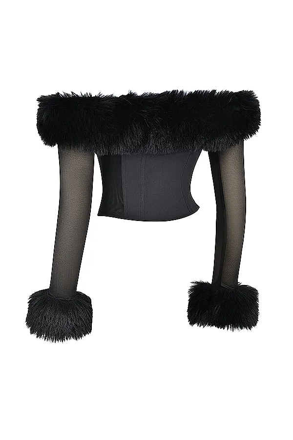 House Of CB MerleBlack Faux Fur Trim Corset Black Women Tops