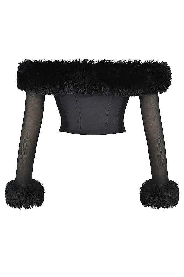 House Of CB MerleBlack Faux Fur Trim Corset Black Women Tops