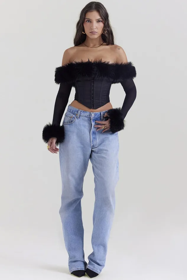 House Of CB MerleBlack Faux Fur Trim Corset Black Women Tops