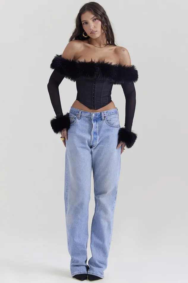 House Of CB MerleBlack Faux Fur Trim Corset Black Women Tops