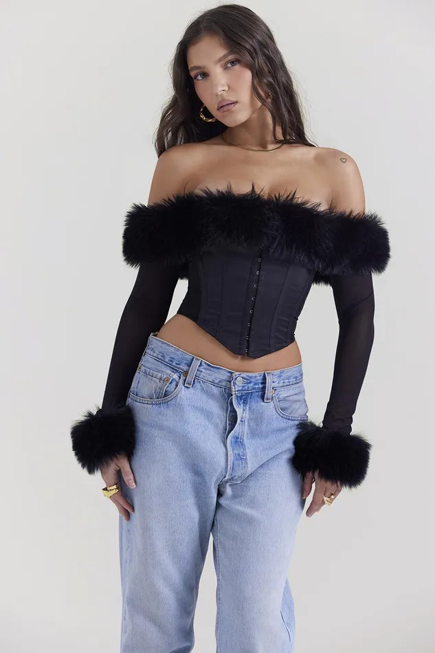 House Of CB MerleBlack Faux Fur Trim Corset Black Women Tops