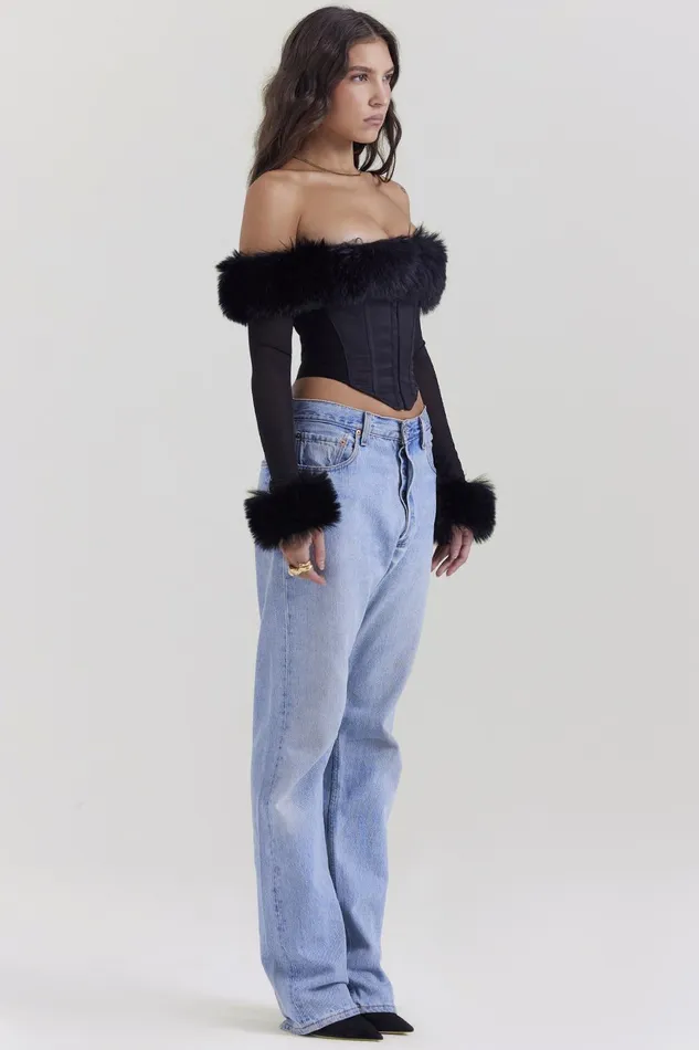 House Of CB MerleBlack Faux Fur Trim Corset Black Women Tops