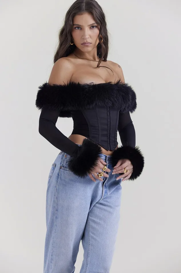 House Of CB MerleBlack Faux Fur Trim Corset Black Women Tops