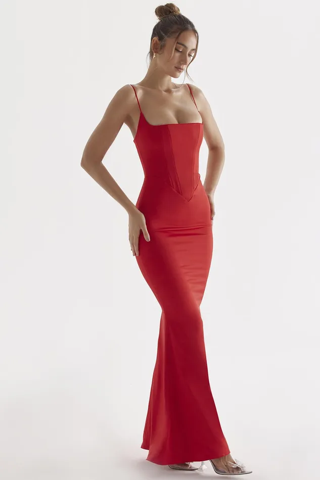 House Of CB OlivetteRed Rose Satin Corset Maxi Dress Red Women Bodycon Dresses