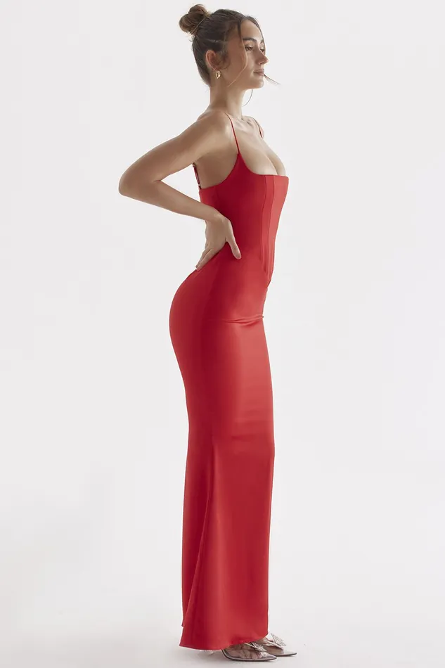 House Of CB OlivetteRed Rose Satin Corset Maxi Dress Red Women Bodycon Dresses