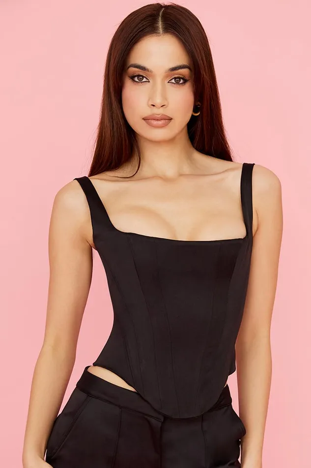 House Of CB RafaBlack Satin Longline Corset Black Women Corsets