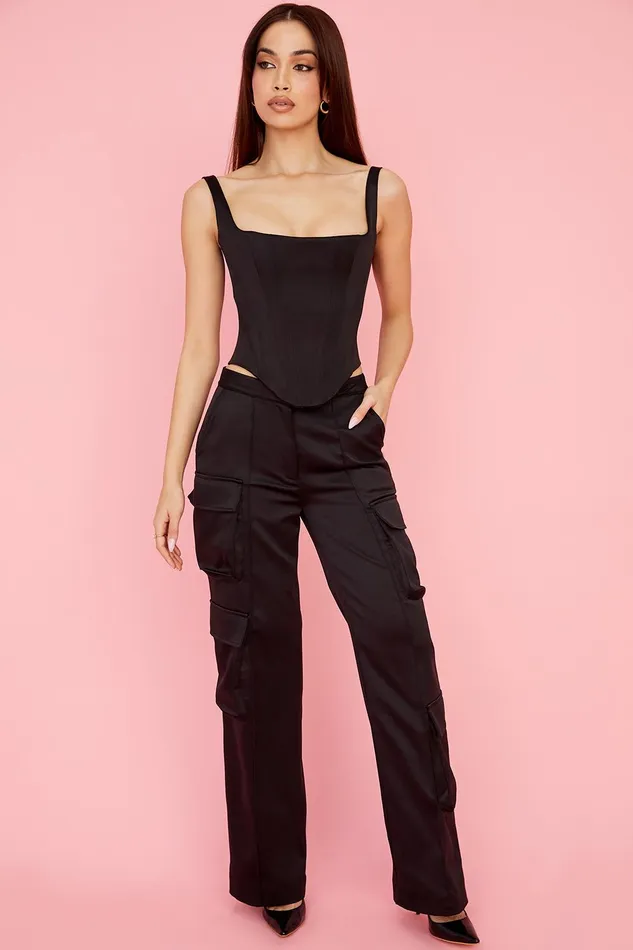 House Of CB RafaBlack Satin Longline Corset Black Women Corsets